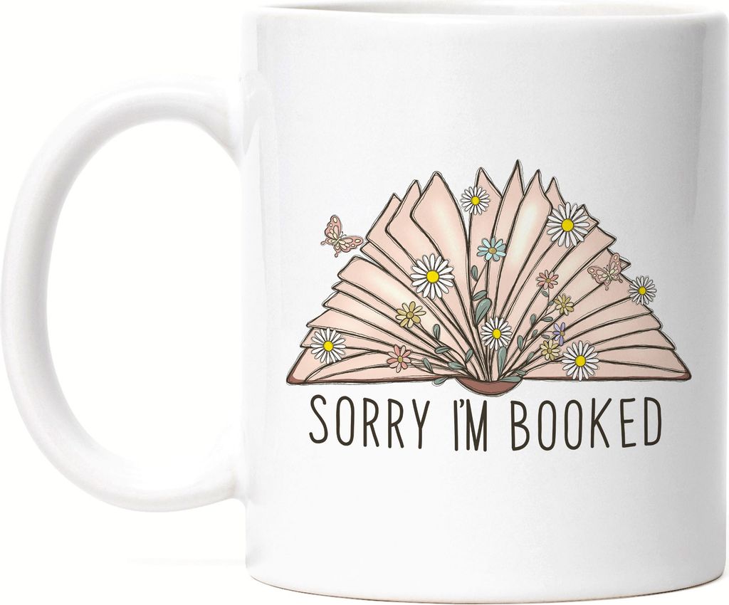 Sorry I'm booked Tasse Weiß Leseratte Bücherwurm Lustiges Motiv mit Büchern Geschenkidee