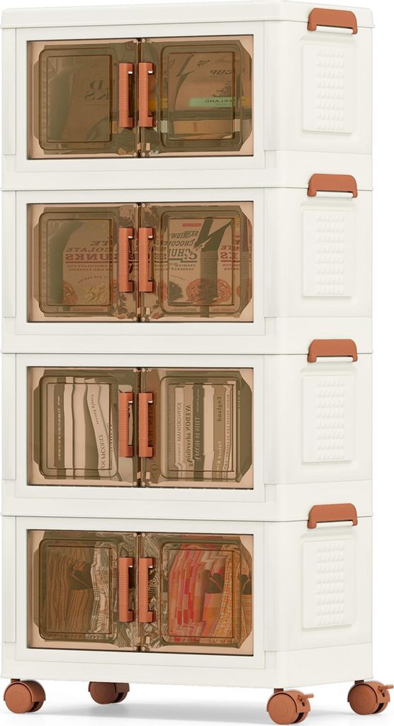 GOPLUS Aufbewahrungsbox mit Deckel, Ordnungsboxen stapelbar mit Rollen & Türen, Aufbewahrungsschrank aus Kunststoff, 62,5 x 34,5 x 130,5 cm,4 Ebenen