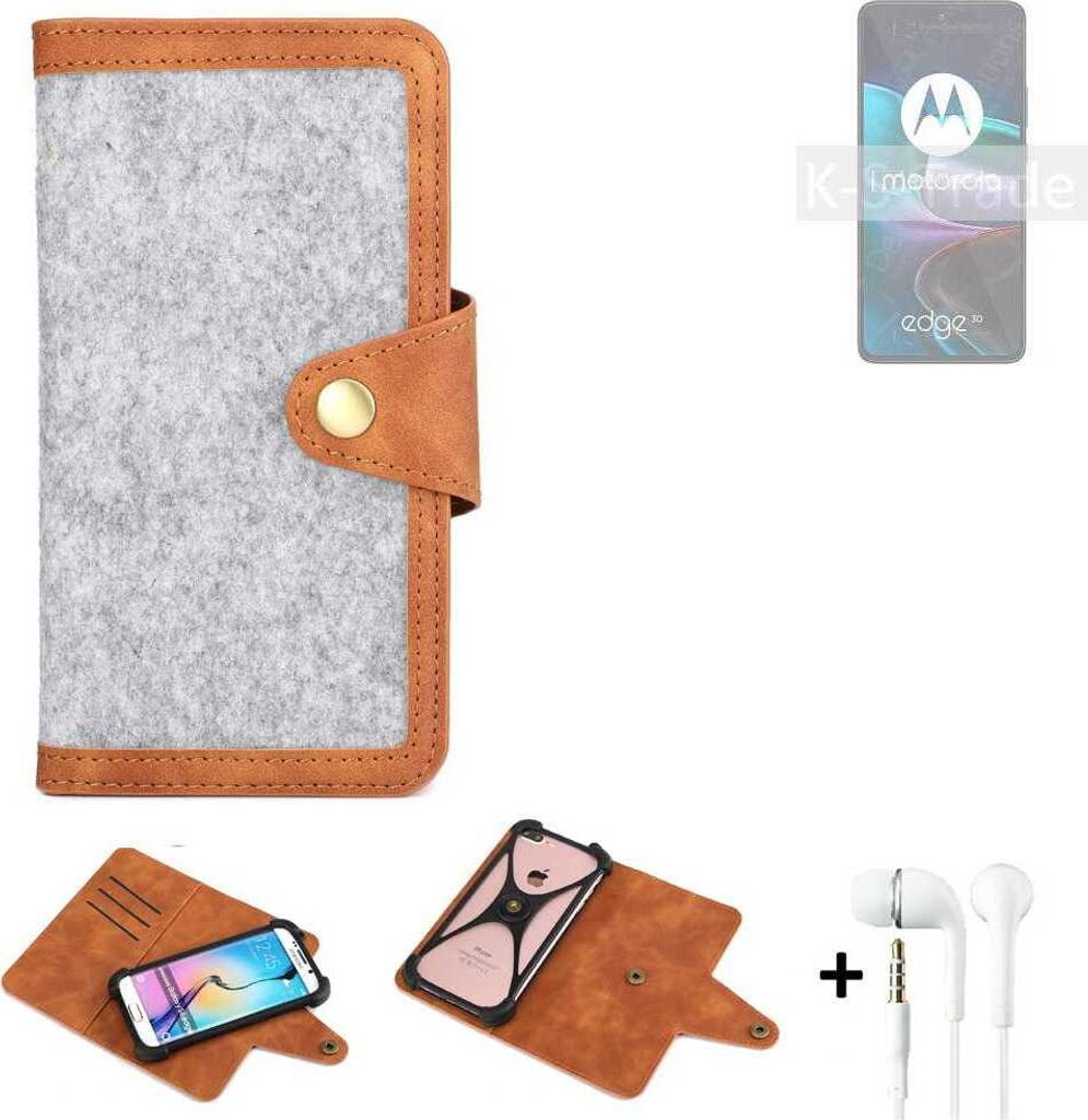 K-S-Trade Handyhülle + Kopfhörer kompatibel mit Motorola Edge 30 Schutzhülle Filz Hülle Kunstleder hellgrau braun (1x)