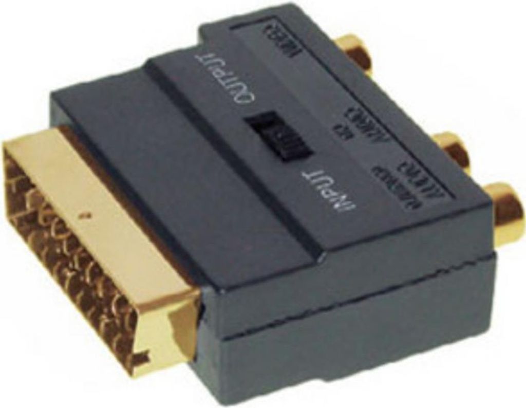 S/CONN maximum connectivity Adapter Video/ Audio-Scart-Adapter mit 3 Cinchkupplungen auf 4-pol MINI DIN-Kupplung, IN / OUT mit Schalter, Kontakte v...