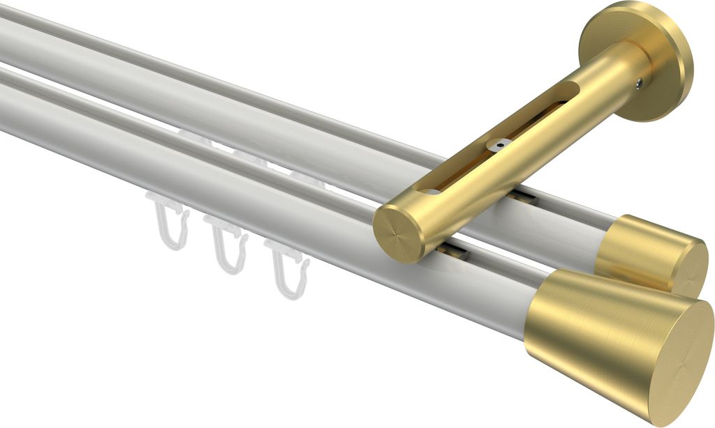 Interdeco Innenlaufstange / Gardinenstange mit Innenlauf Weiß / Messing-Optik, Typ Siteno Sitra (Konus), 20 mm Ø 2-läufig, 440 cm