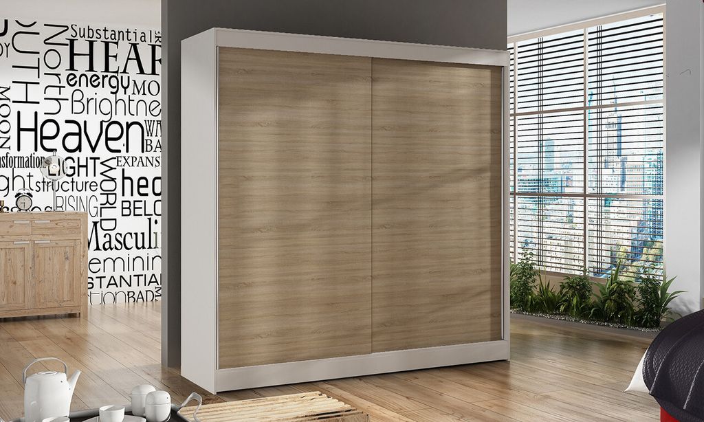 Geräumiger Kleiderschrank 200 BULAN X, Weiß, Türen Eiche Sonoma