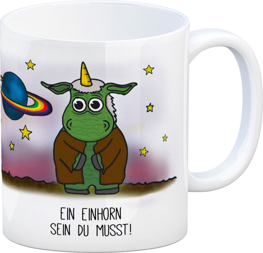 Honeycorns Kaffeebecher mit Einhorn Motiv und Spruch: Ein Produktbild 