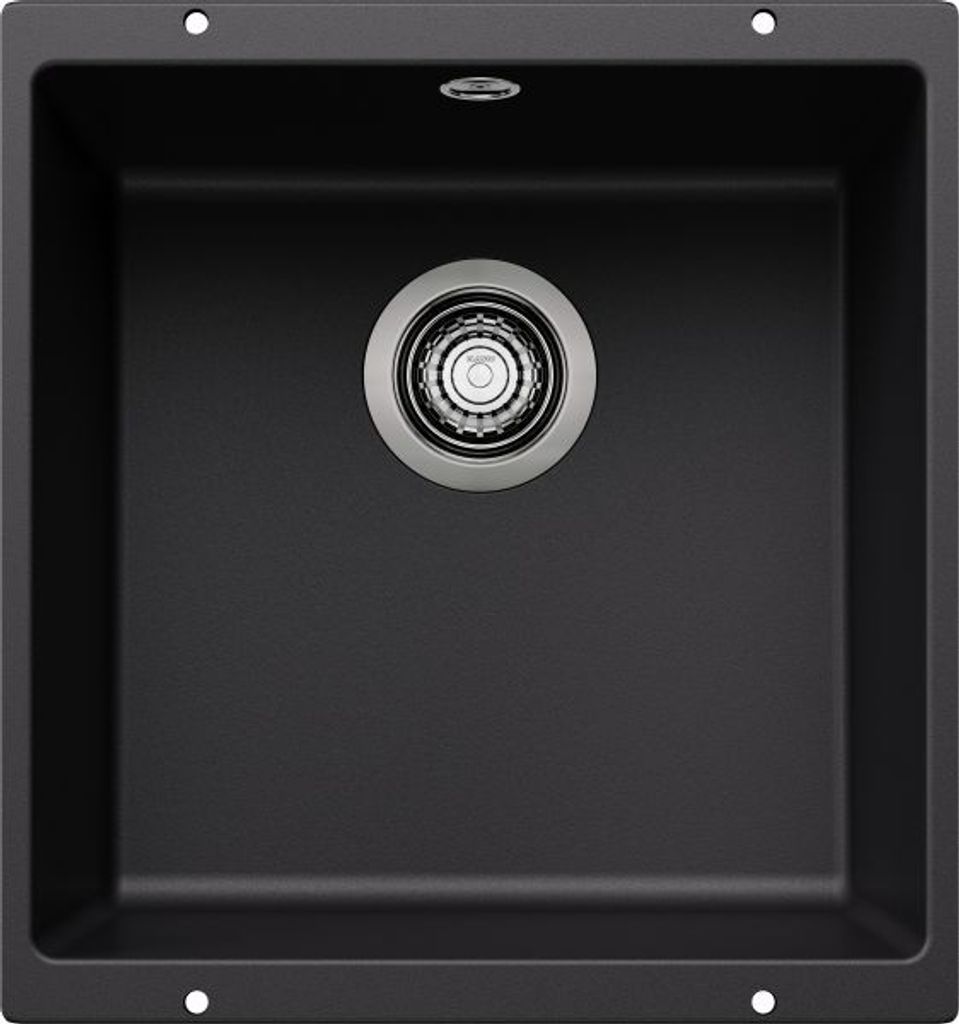A top-down view of a black kitchen sink with a silver drain.