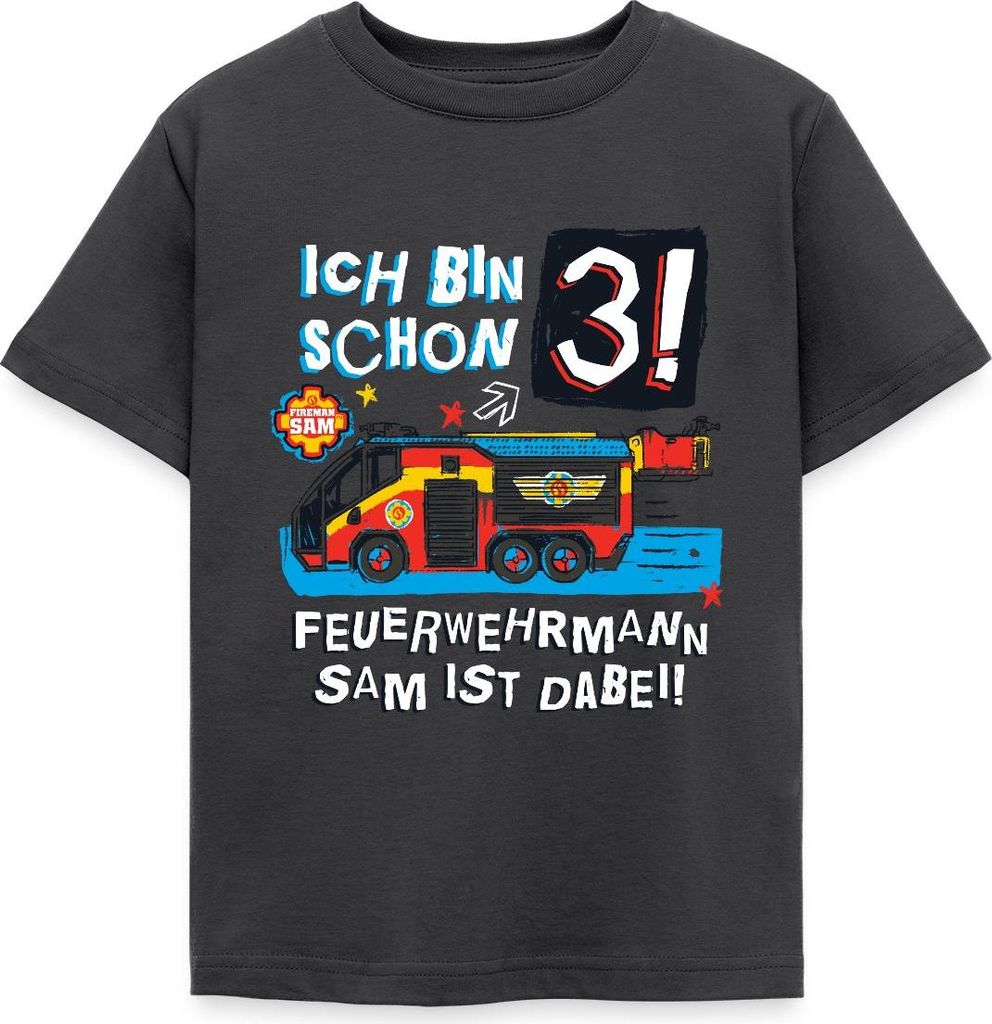 Spreadshirt Feuerwehrmann Sam Geburtstagsdesign 3 Jahre Kinder T-Shirt, 110/116 (5-6 Jahre), Dunkelgrau