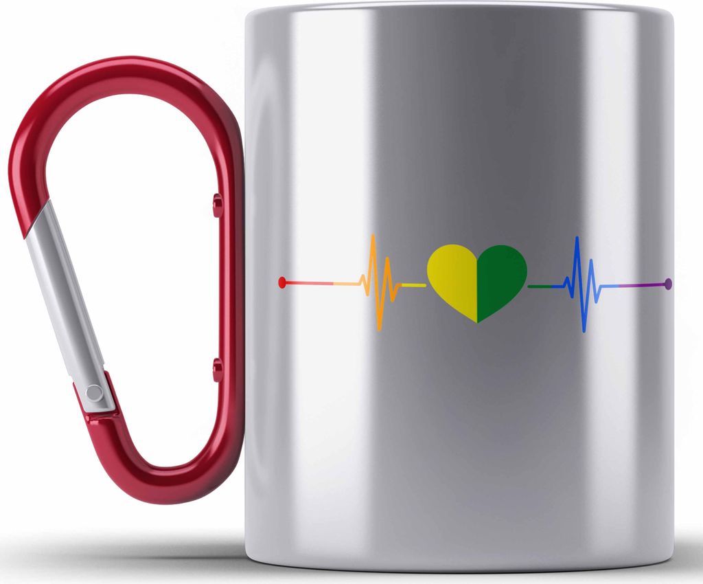 Trendation - Regenbogen Edelstahl Tasse Karabiner Geschenk LGBT Schwule Lesben Transgender Grafik Pride Herzschlag Flagge (Rot)