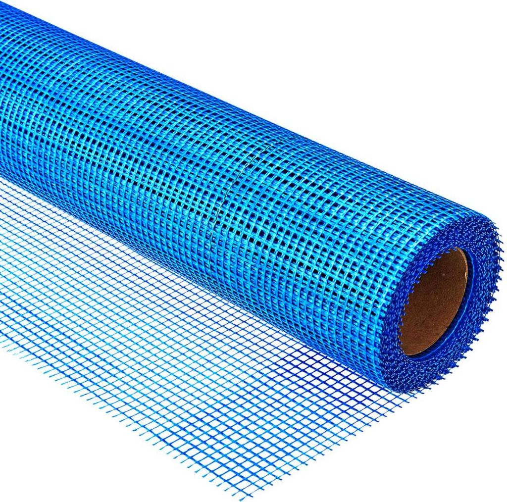 A roll of blue mesh fabric, likely for construction or repair, is shown against a white background.