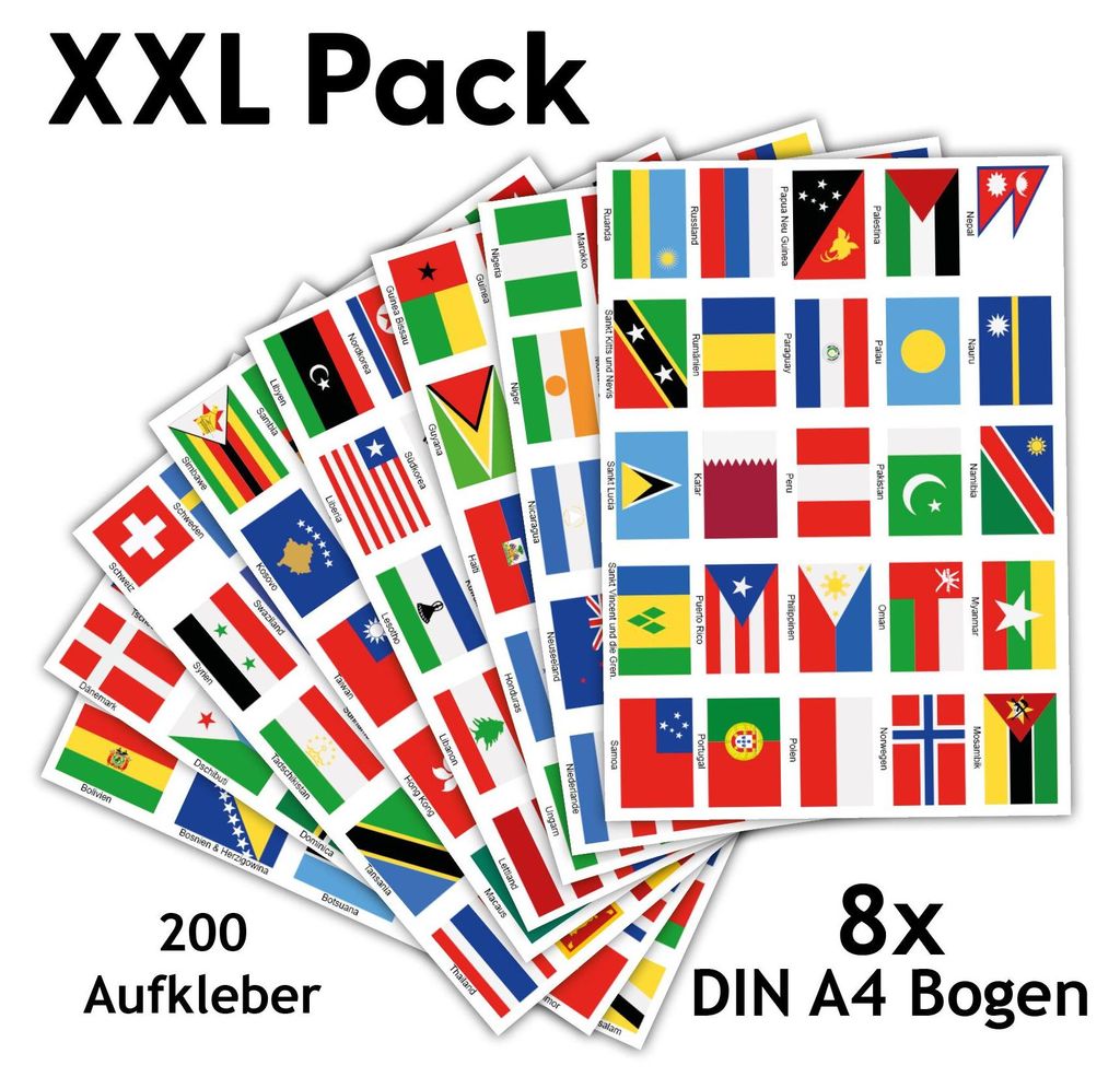 200 Länderfahnen Flaggen Aufkleber Set "XXL Weltweit" für Produktbild 