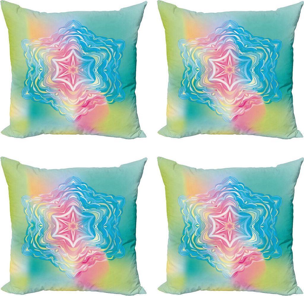 ABAKUHAUS Mandala Kissenbezug Set (4 Stück), Blumen-Mandala Regenbogen, Moderner Doppelseitiger Digitaldruck, 40 cm x 40 cm, Blau Rosa