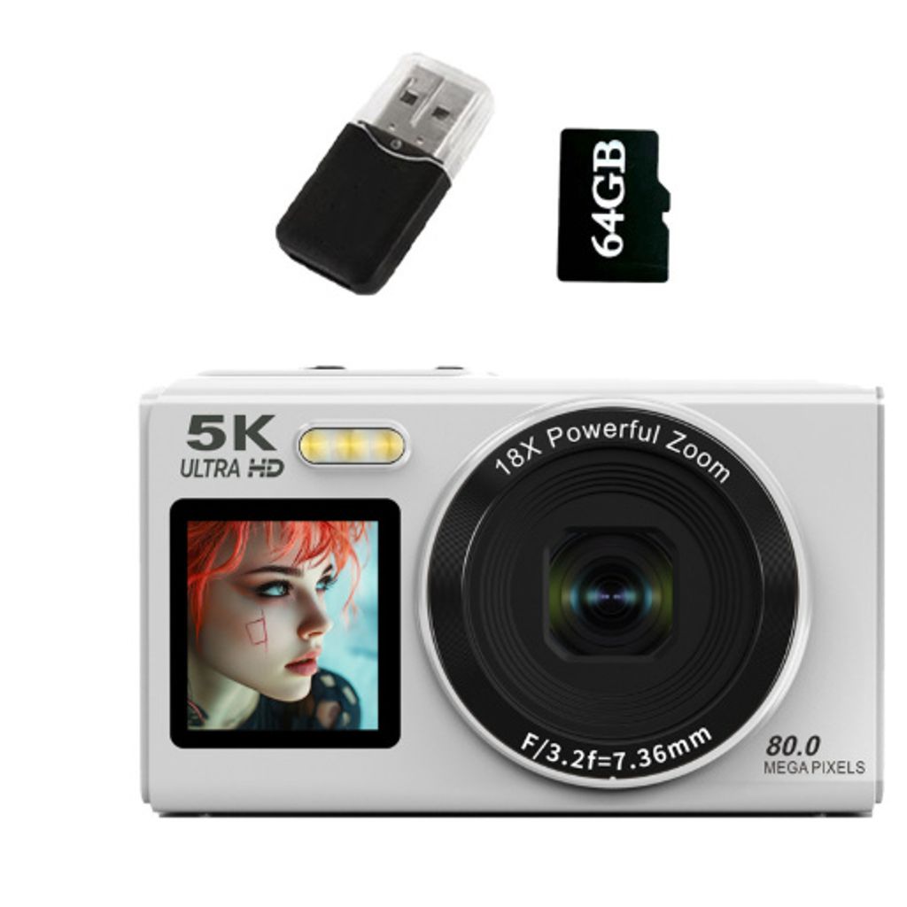 A white digital camera with accessories (USB drive and SD card) displayed against a white background.
