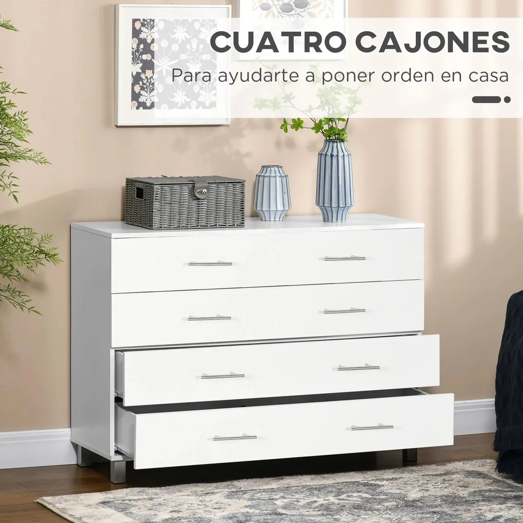 Commode rangement 4 tiroirs blanc pour chambre et salon 112x38x81 cm