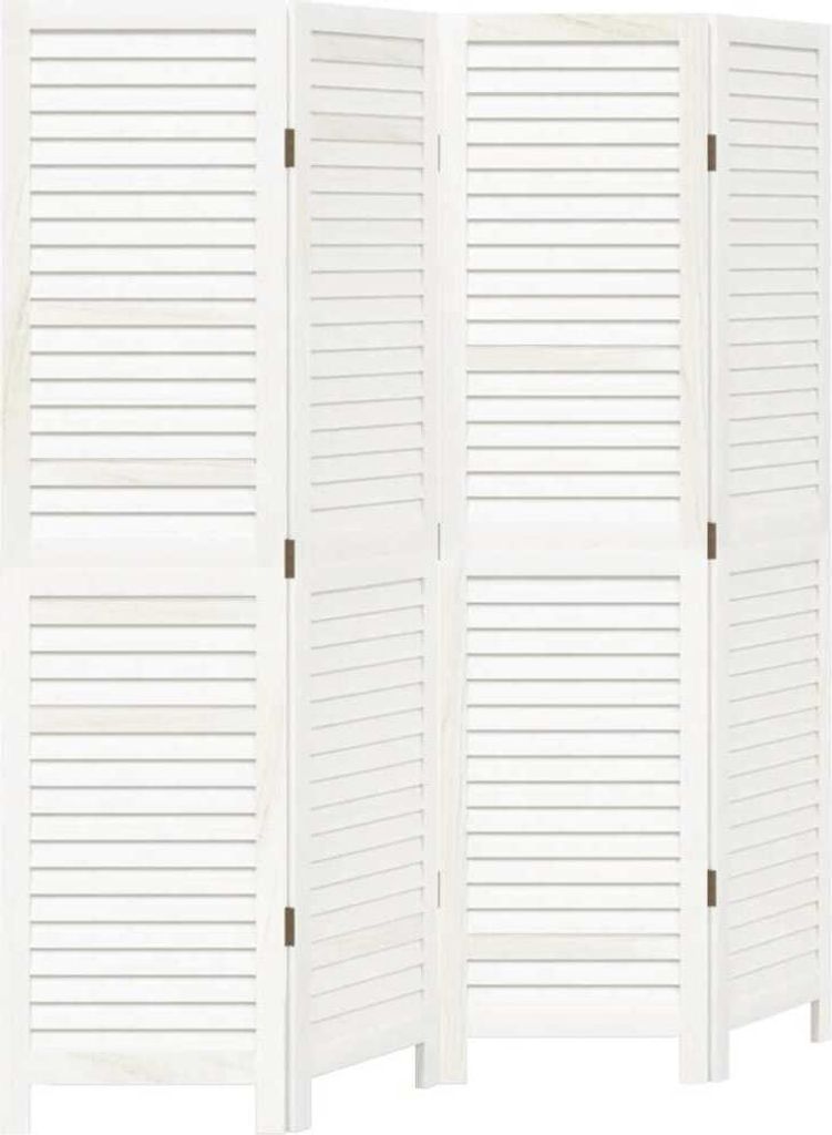 A white, four-panel room divider with slatted panels, shown from the front.