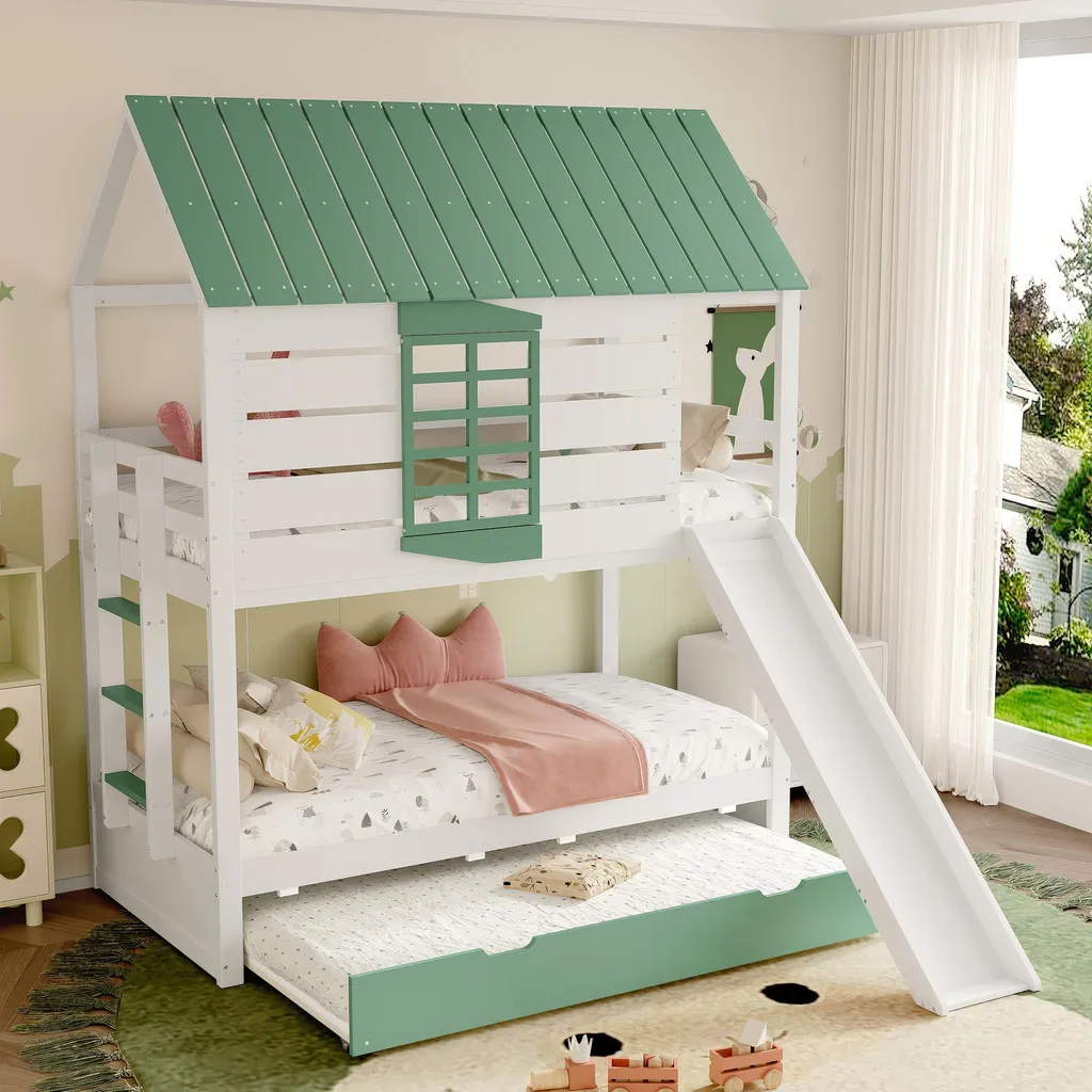 Lit superposé pour fratrie avec toboggan et lit d'appoint gigogne 90x200
