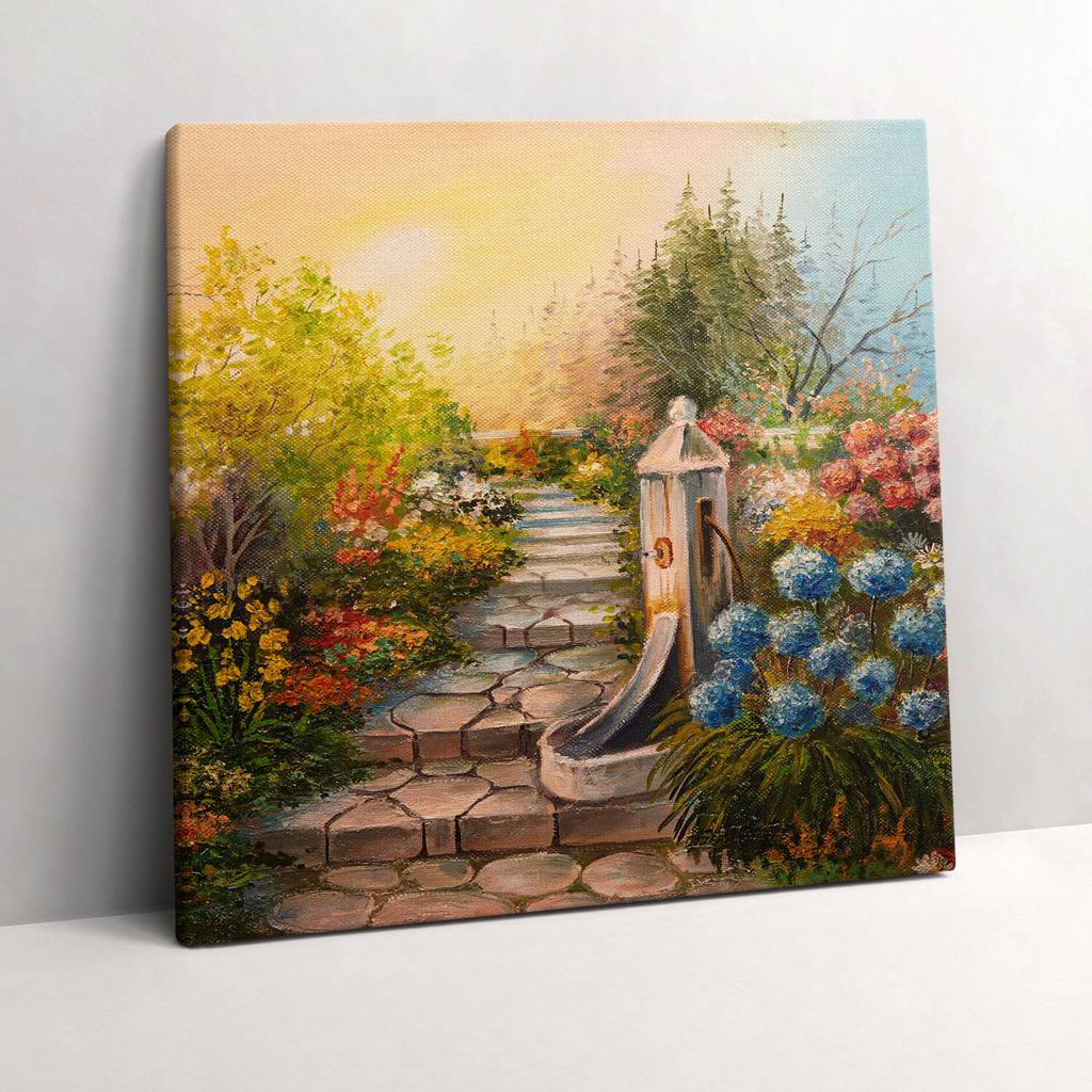 Oil composition - stone stairs in the forest – Leinwandbild Wandbild – 60x60 cm – Leinwandbilder – Wandbilder – Schlafzimmer – Flur