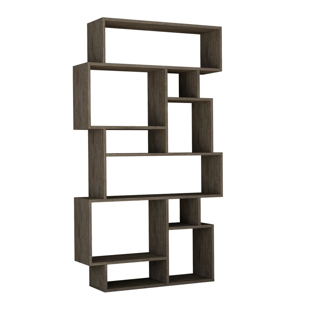 A modern, multi-compartment bookshelf unit with a dark coffee oak effect finish, shown against a white background.