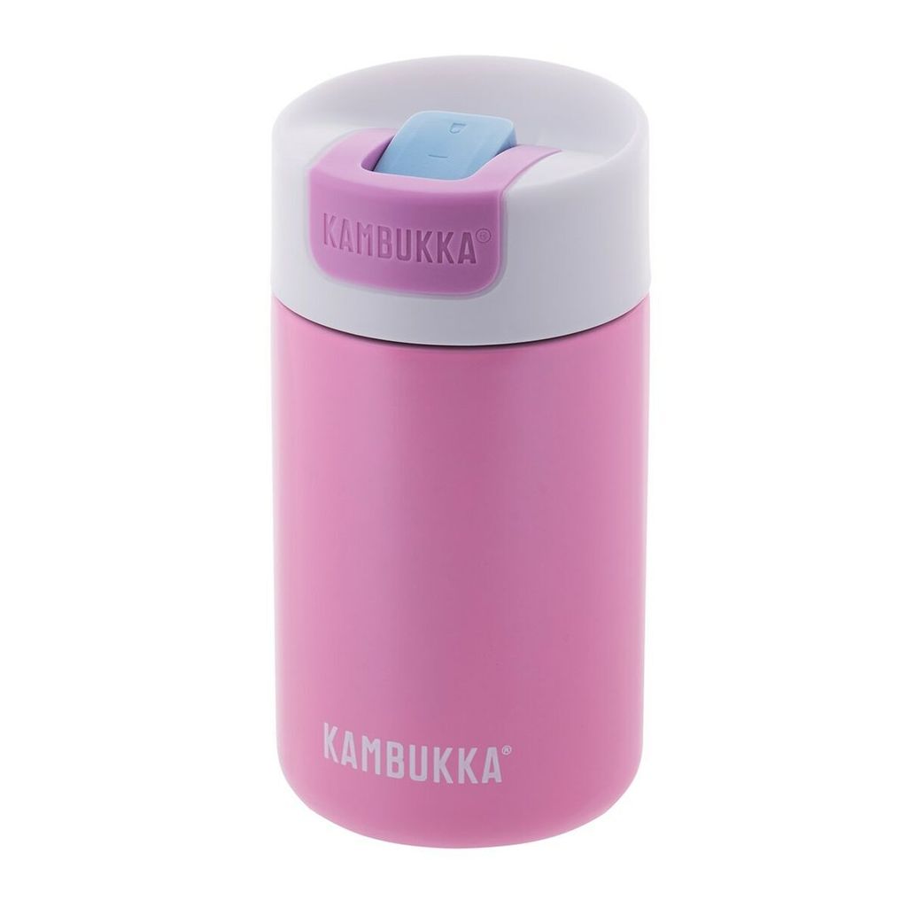 A pink Kambukka thermos bottle with a white lid and a blue and purple flip-top mechanism.