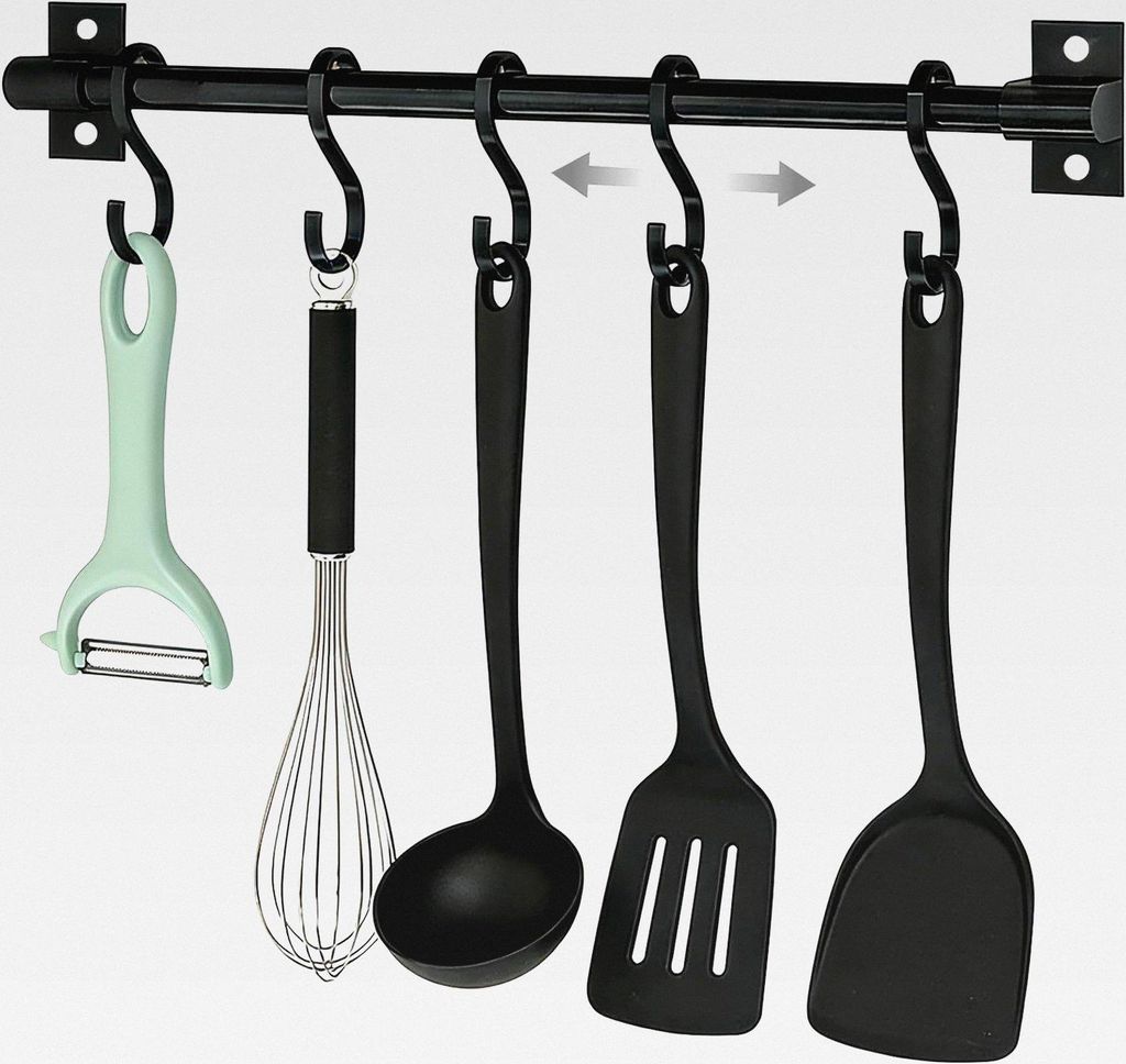 Hakenleiste Küche Ohne Bohren Schwarz 30cm Küchenhalterung Wand mit 5 Haken Selbstklebend Hängeleiste Bad Verstellbar Kleiderhaken Aluminium fü...