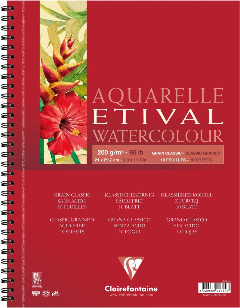 Clairefontaine 5x Etival Aquarellpapier Block, Doppelspirale A4 10 Blatt 96384C