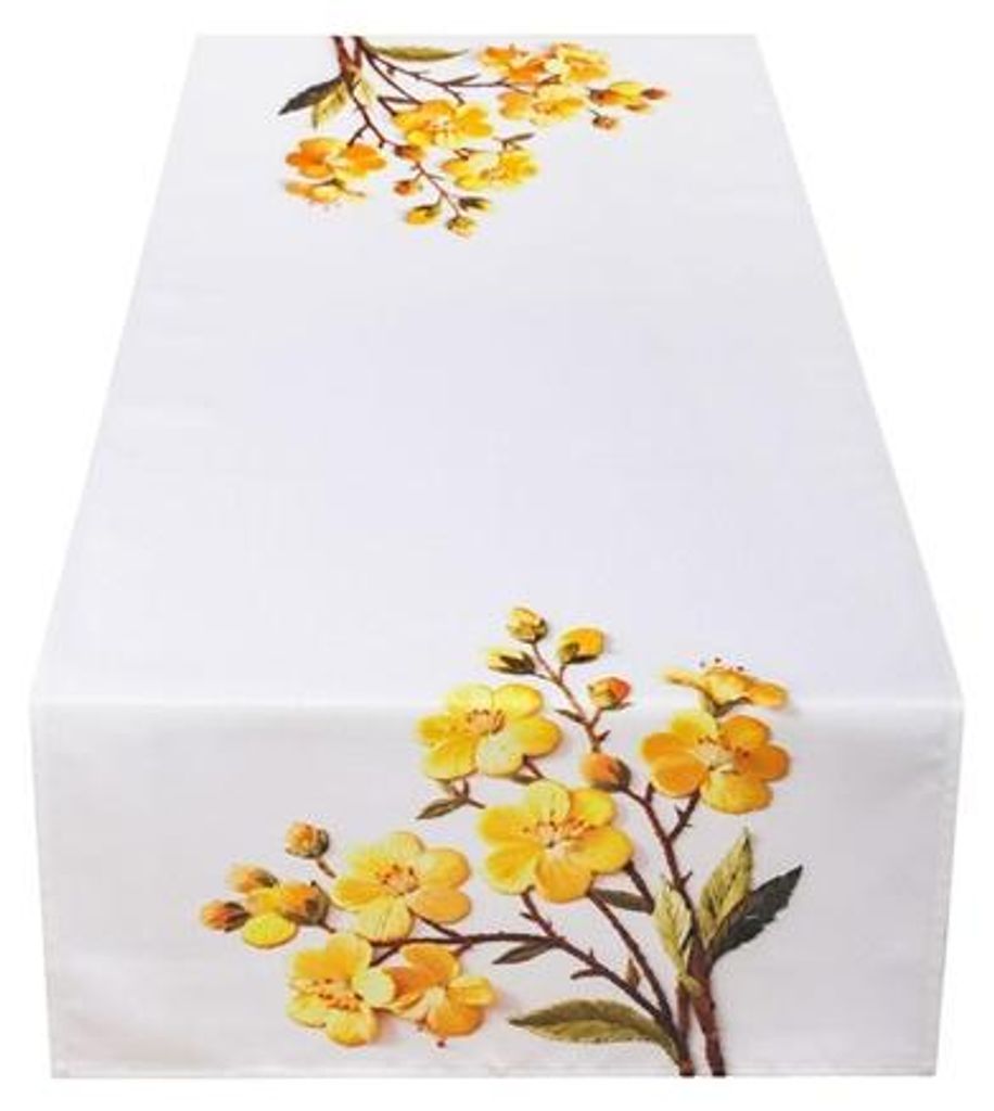 Tischdecke, dekorativer Tischläufer, Frühling, Weiß, Gelbe Blumen 50x100 cm 062