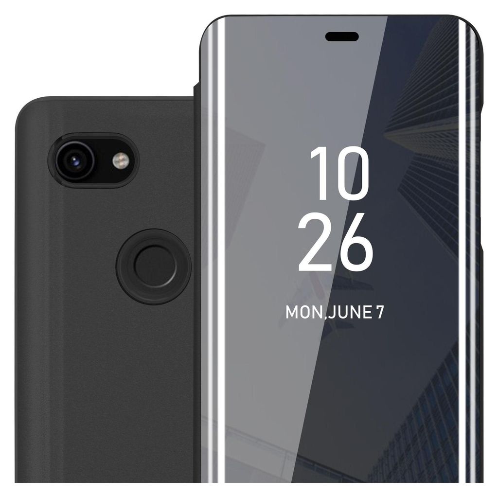 A black phone case is shown next to a phone with a reflective screen displaying the time and date.