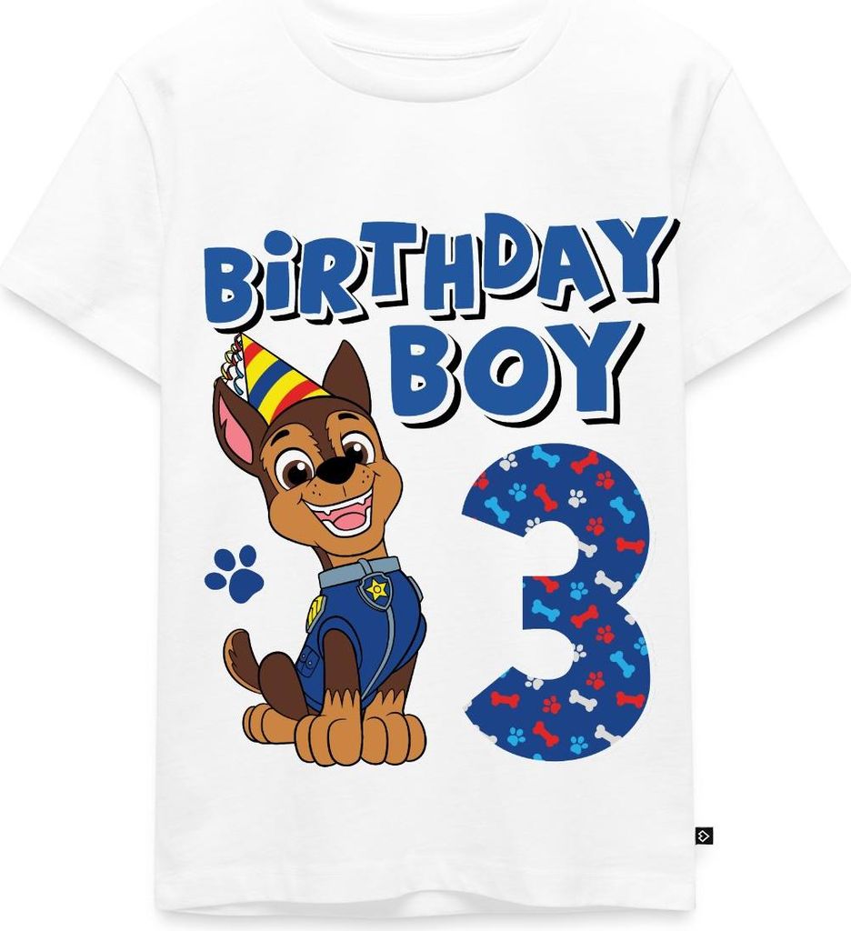 Spreadshirt Paw Patrol Chase 3 Jahre Alt 3. Geburtstag Kinder Premium T-Shirt, 110/116 (4 Jahre), Weiß