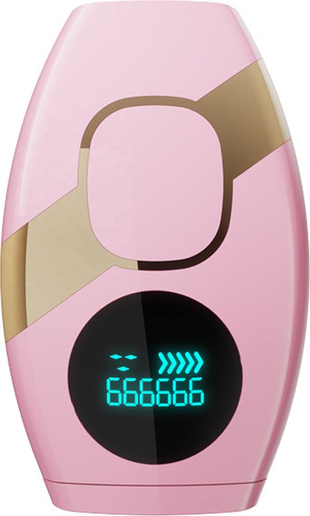 A pink and gold IPL hair removal device with a digital display.