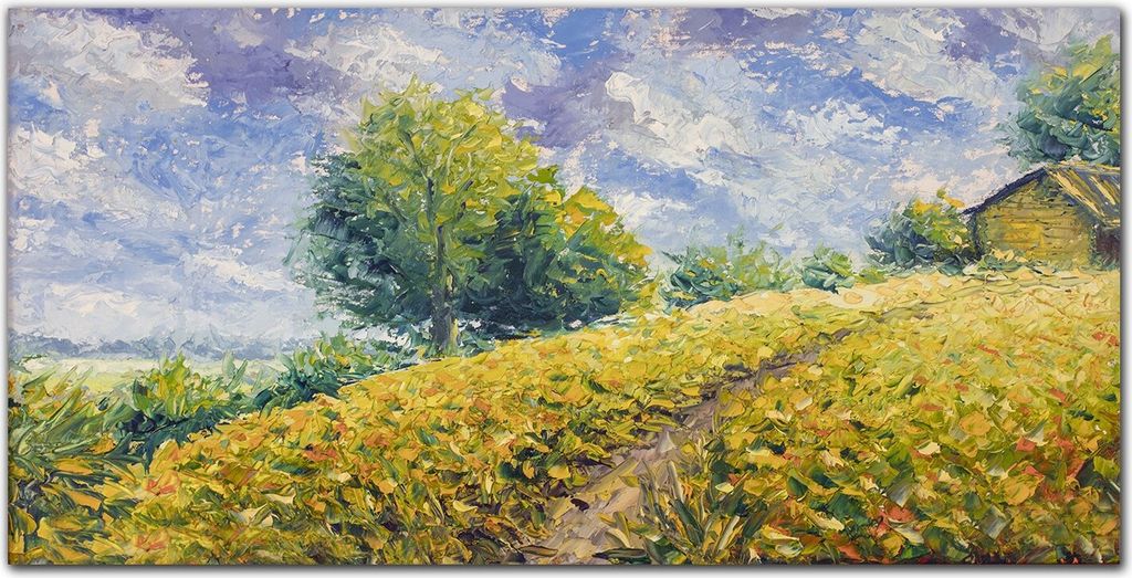 Coloray - Bild aus Glas - Glasbilder - 100 x 50 cm - Glasblock mit Bild Gehärtetes Glas Wohnzimmer Dekoration Wanddekoration Küche - Hill Wiese Baum