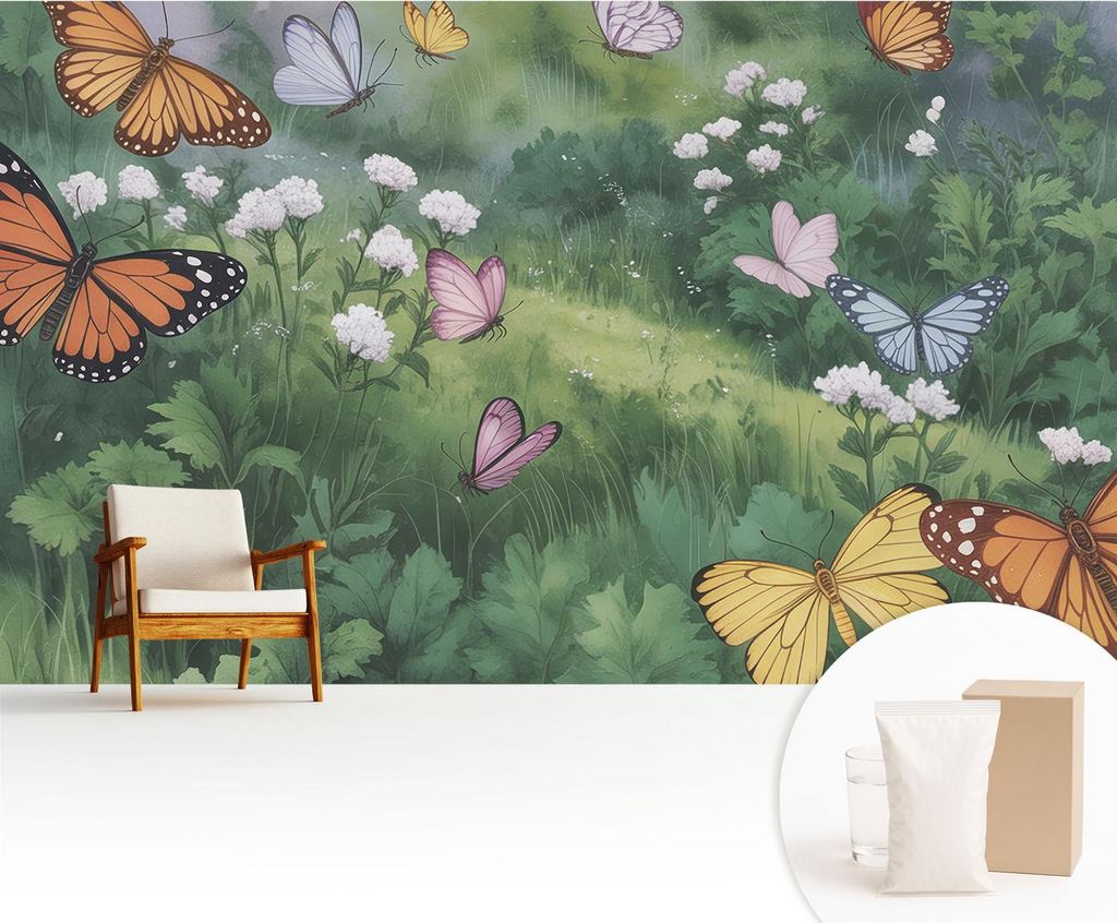 Fototapete - 416x254 cm - Tapete - Wandtapete - Wandbilder - Dekofolie - Tapete Folie - Wand - Dekoration - Wohnzimmer - Schmetterlinge auf der Wiese