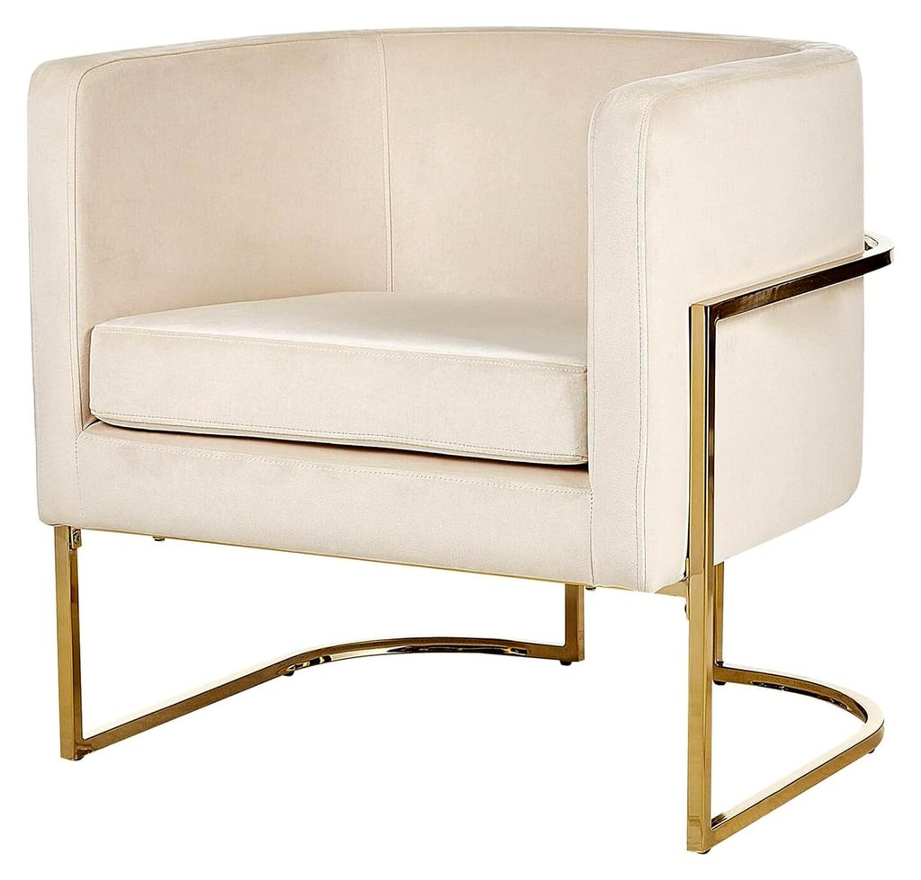 Halbrunder Sessel aus Samt in Hellbeige mit goldenem Metallgestell