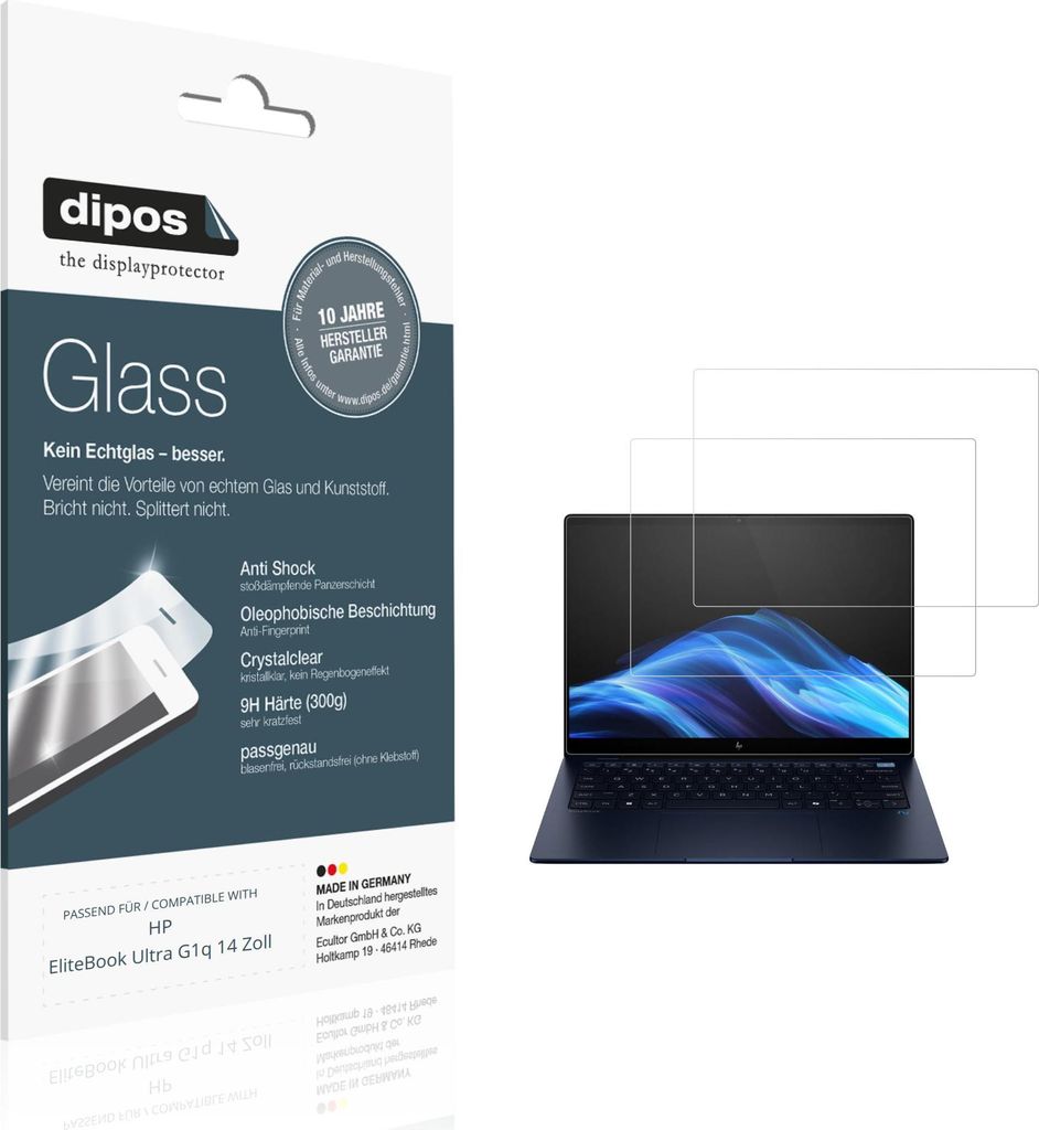 2x Schutzfolie für HP EliteBook Ultra G1q 14 Zoll - Anti-Shock 9H Folie dipos Glass Kunststoffglas