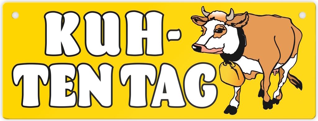 Kuh-ten Tag Metallschild in gelb mit Kuh zum Thema Bauernhof