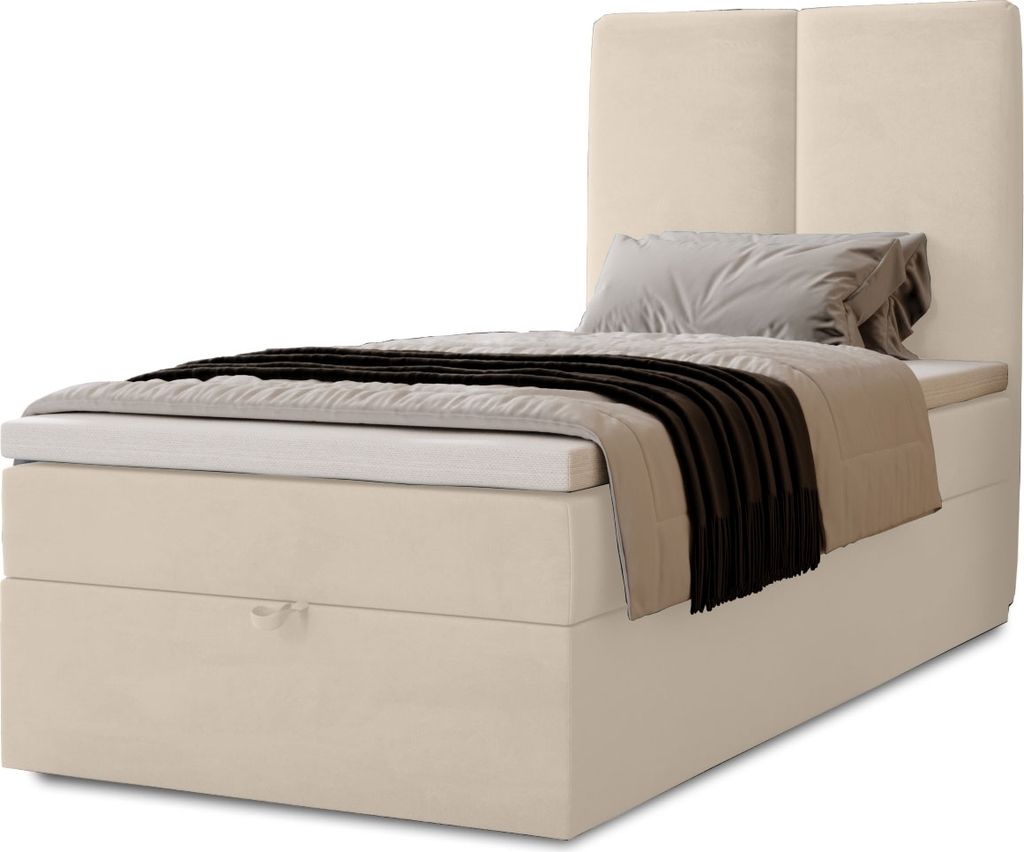 Boxspringbett Malmo mit Bettkasten, 90x200, Farbe: Beige, Velourstoff, Doppelbett mit Bonell-Matratze inkl. Topper