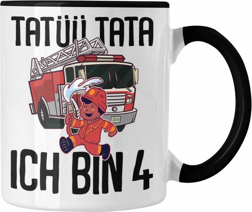 Trendation - 4. Geburtstag Geschenk Jungs Feuerwehr Tasse Geschenke Zubehör Lustig Kinder Geburtstag Spruch Ich Bin 4 (Schwarz)