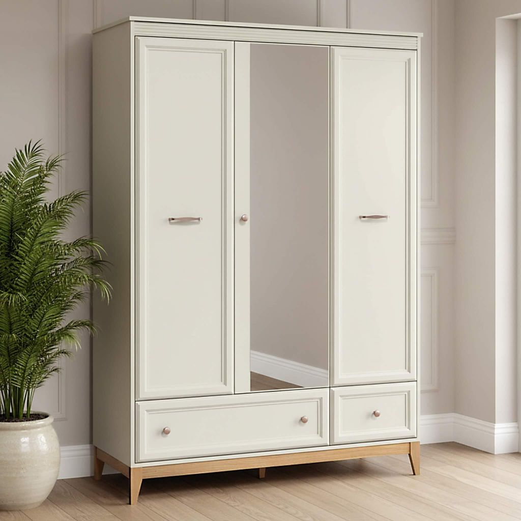 Belmy Kleiderschrank 193x135 cm beige VIENNA – klassischer Garderobenschrank mit Spiegel, 3 Türen, 2 Schubladen, Eichenfüße, Soft-Close