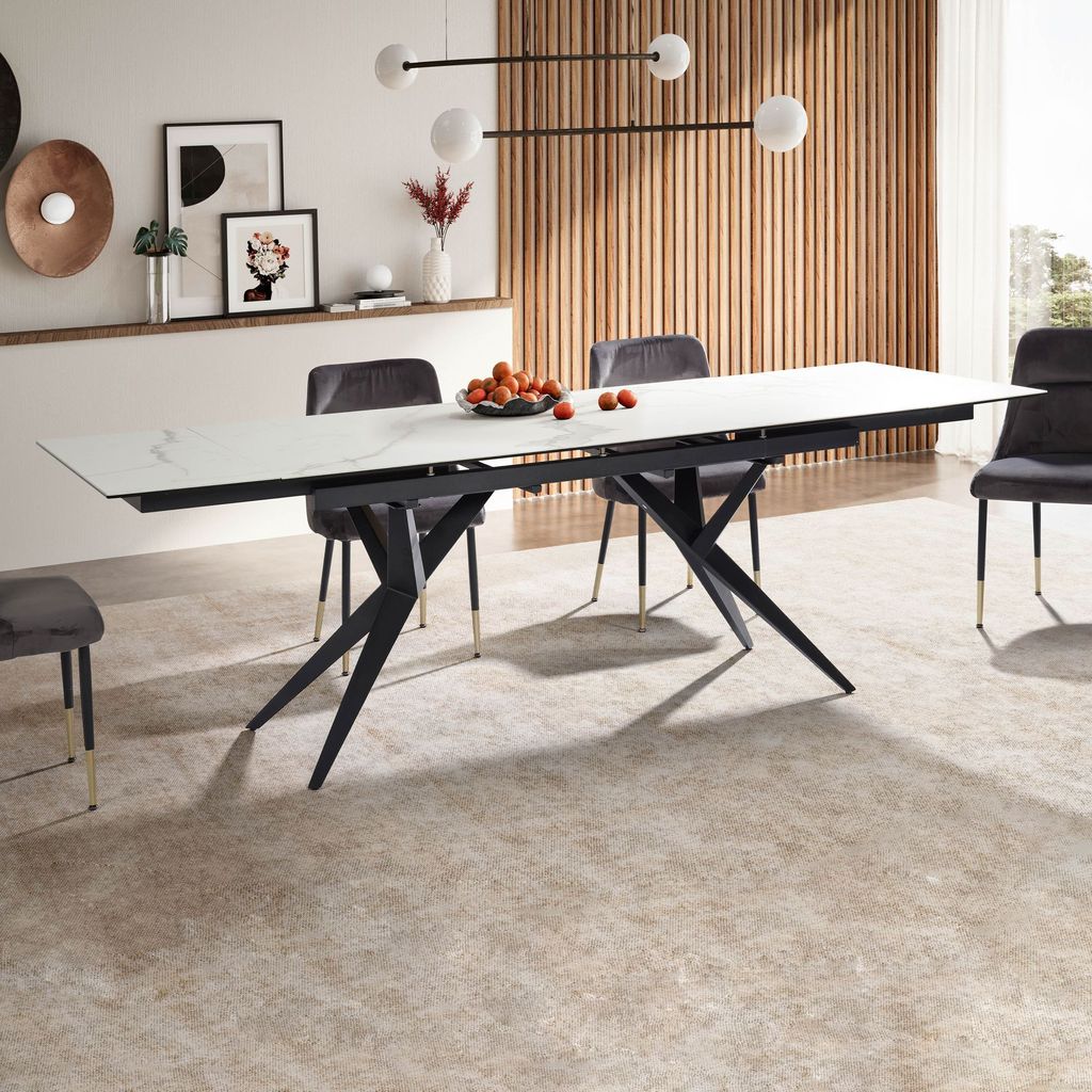 WOHNLING Esszimmertisch 180 260 cm Ausziehbar Keramik Glas Weiß Keramiktisch Marmor-Optik Groß Designer Küchentisch Rechteckig Esstisch Extravagant