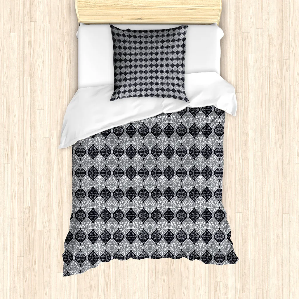 ABAKUHAUS Set copripiumino per letti singoli, motivo floreale astratto damascato, antiacaro, adatto a chi soffre di allergie, con federa, 135 cm x 200 cm - 80 x 80 cm, blu viola grigio
