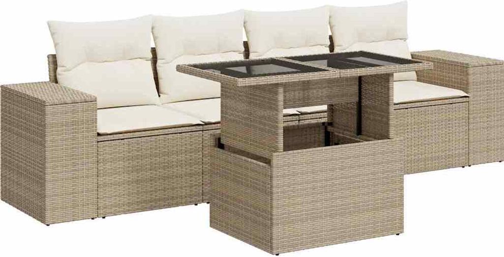 vidaXL 5-tlg. Garten-Sofagarnitur mit Kissen Beige Poly Rattan