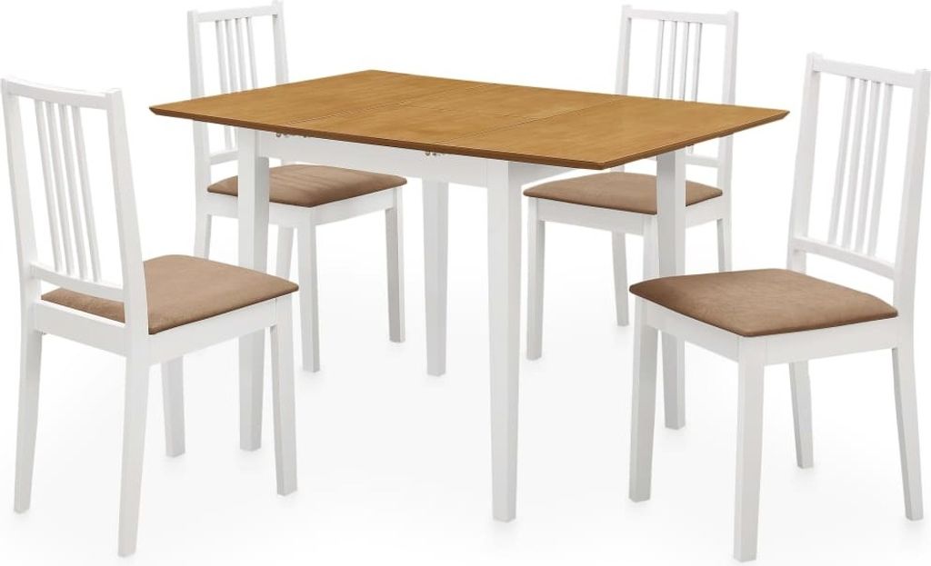 Essgruppe für 4 Personen, ausziehbarer Tisch, Massivholz, Braun/Creme, (80-120)x80x74 cm