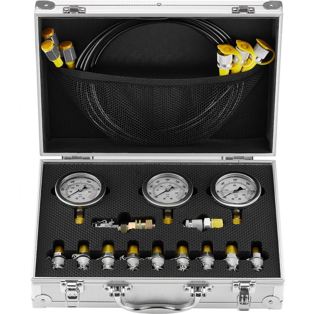 Hydraulikdruck-Testset - 250 / 400 / 600 bar - 3 Messgeräte - 11 Prüfkupplungen - 3 Prüfschläuche - Bagger-Hydraulik-Testmessgeräte-Set inkl. ...