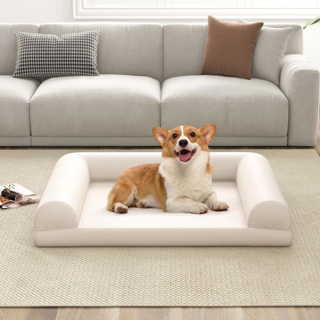 COSTWAY 90x69x18 cm Orthopädisches Hundebett, Hundesofa mit seitlichen Rändern, weich und waschbar, Katzenbett Katzensofa, für Hunde Indoor Beige