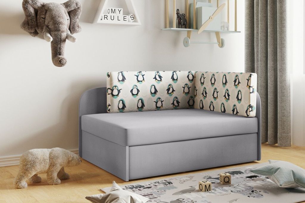 Kaiser Möbel Kinderbett Kindersofa mit schlaffinktion und bettkasten, wachsendes Bett WINNIE Grau-Pinguin Links