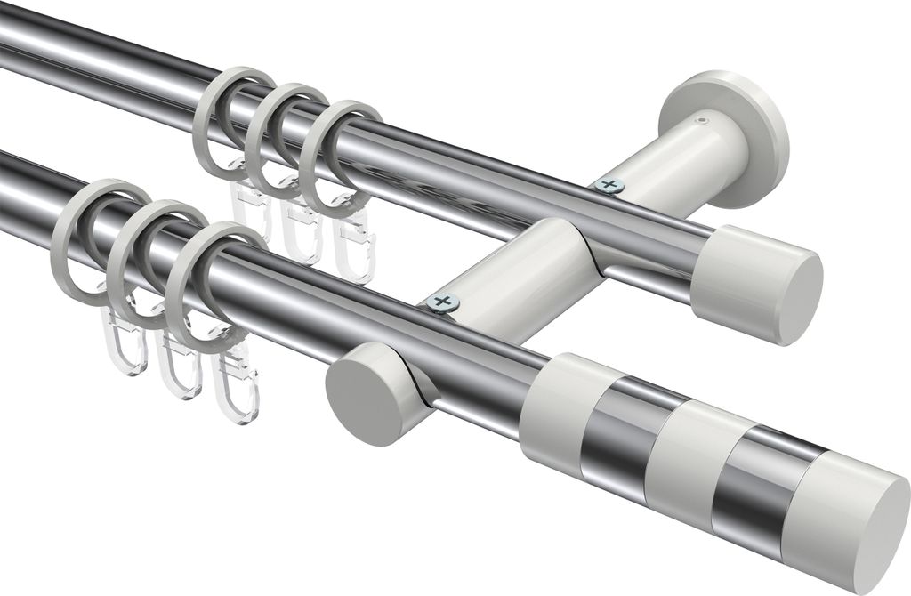 Interdeco Gardinenstange / Vorhangstange Chrom / Weiß, Typ Platon Mavell (Zylinder Bicolor), 20 mm Ø 2-läufig, 240 cm