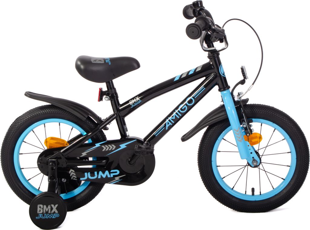 AMIGO Kinderfahrräder Jungen BMX Jump 14 Zoll 22,5 cm Jungen Rücktrittbremse Schwarz/Blau