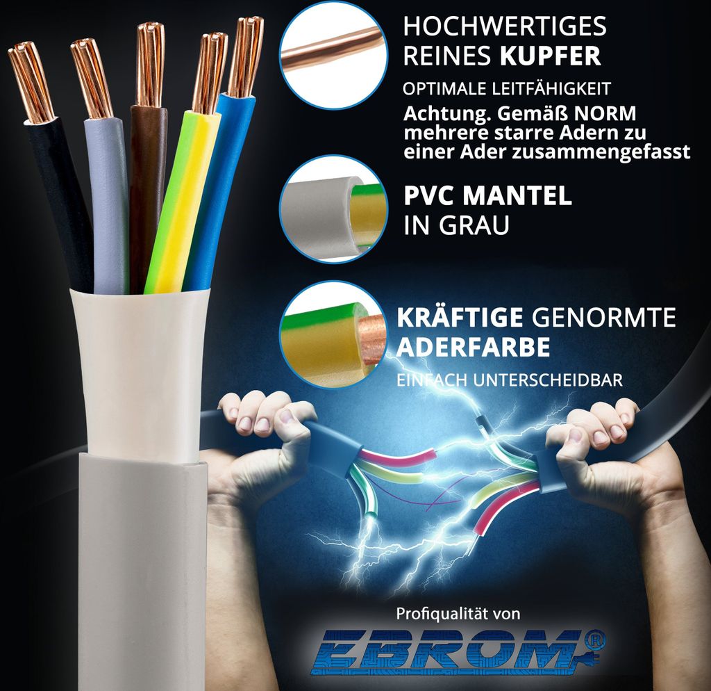 NYM-J Installationsleitung 1x16 Mm² – 10 Meter, Grau, PVC, Für Feste Verlegung In Trockenen/feuchten Räumen