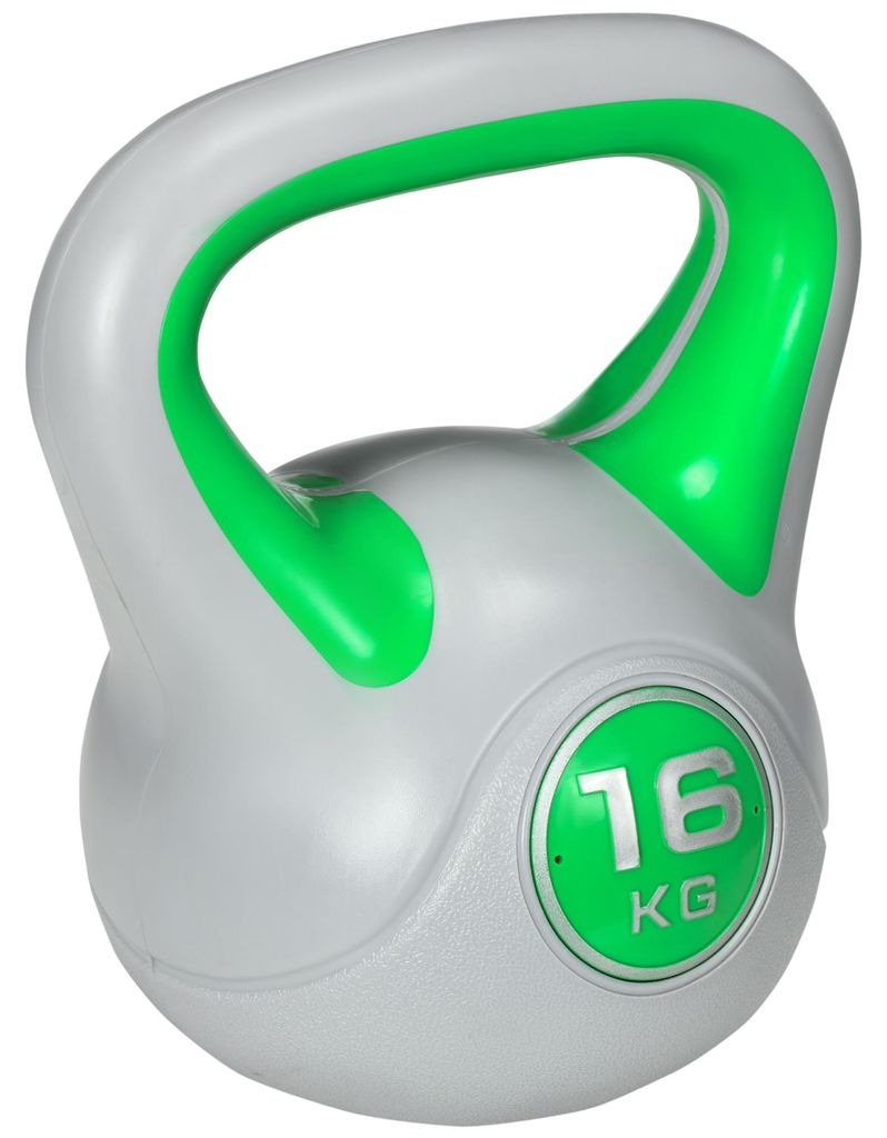Kugelhantel, Kettlebell, 16 kg, flache Unterseite, großer Griff, Gewichtkugel, Grün, 27 x 17 x 31 cm