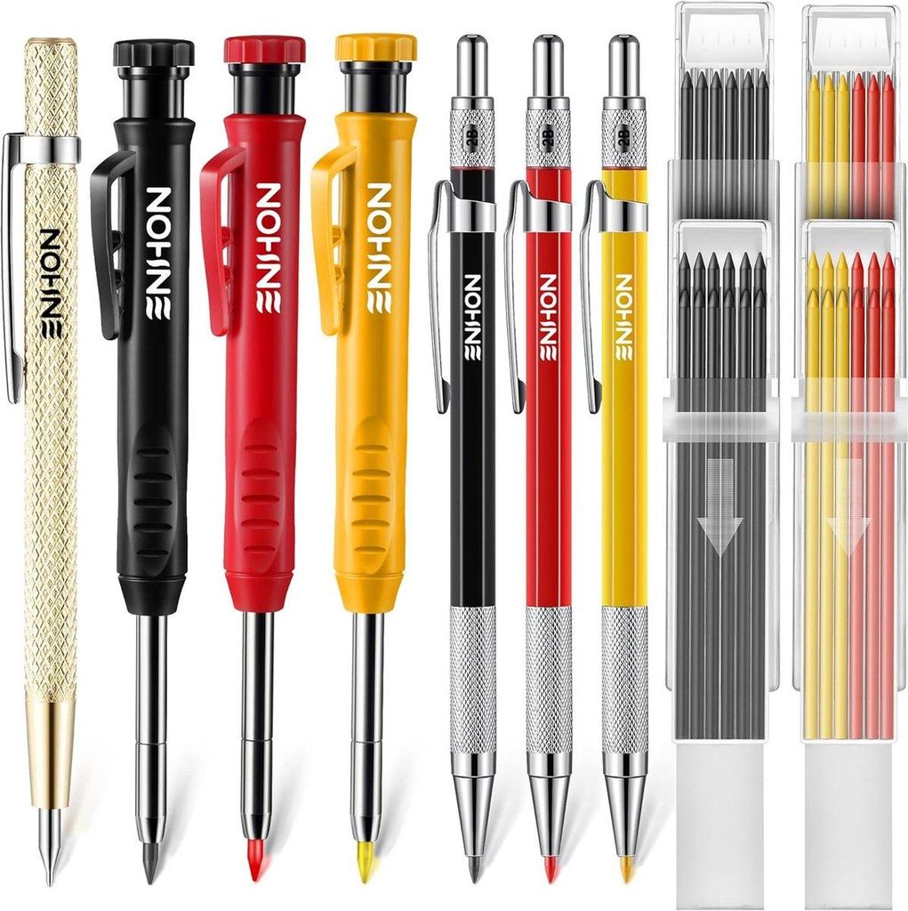 Mechanisches Zimmermannsbleistift-Set mit Minen und Hartmetall-Gravierstift – Solide Tiefloch-Holzbearbeitungs-Bleistifte mit integrierter Spitze...