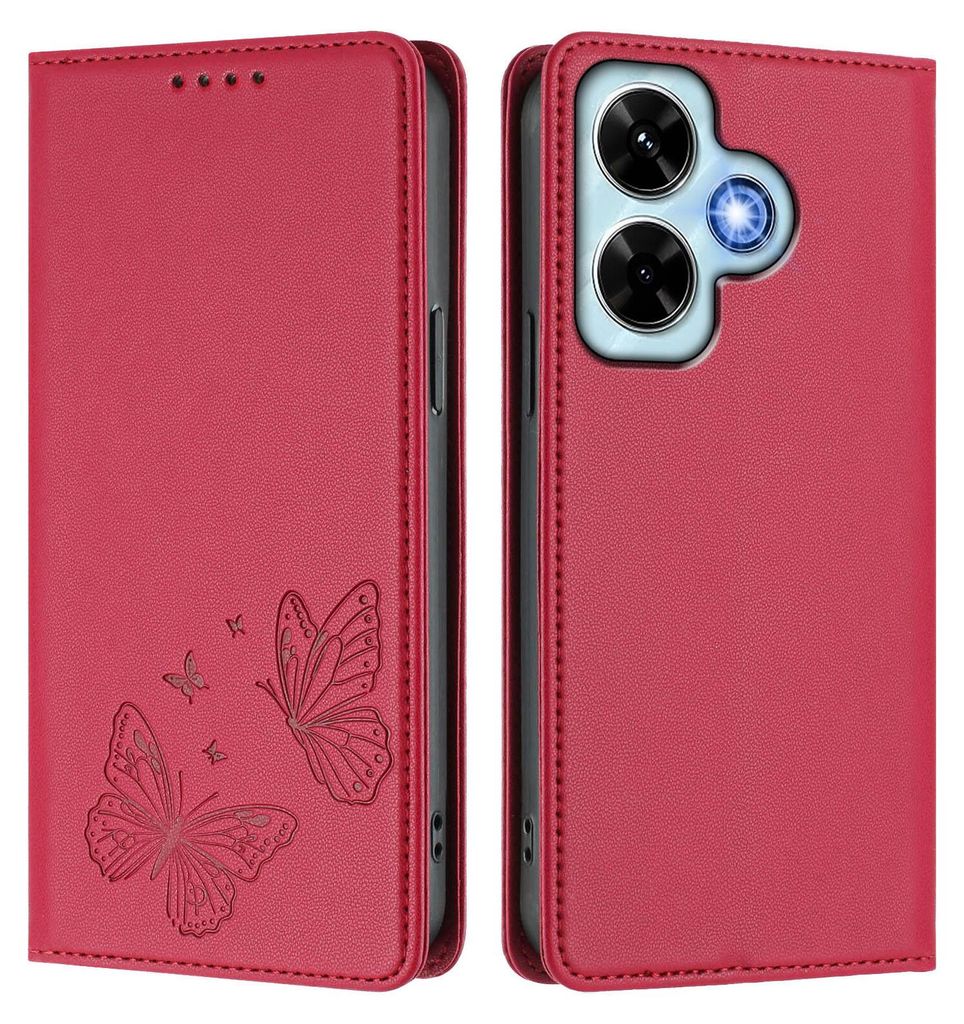 Lederhülle für Xiaomi Redmi Note 13 4G, Schmetterling Prägung Leder Brieftasche Schutzhülle mit Ständer Rot