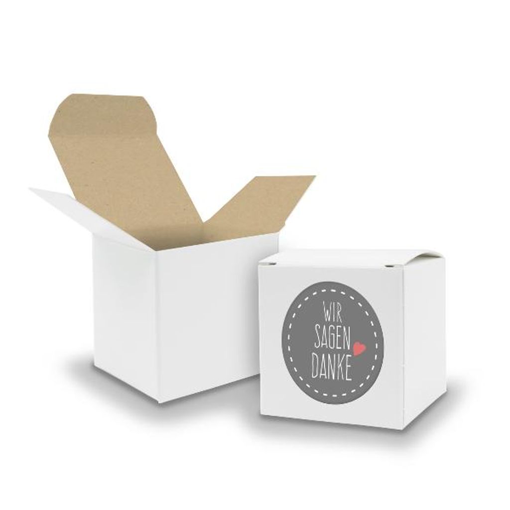 SET Wir sagen Danke (Motiv26) 24x Faltschachtel Würfel 6,5cm weiß innen braun+St
