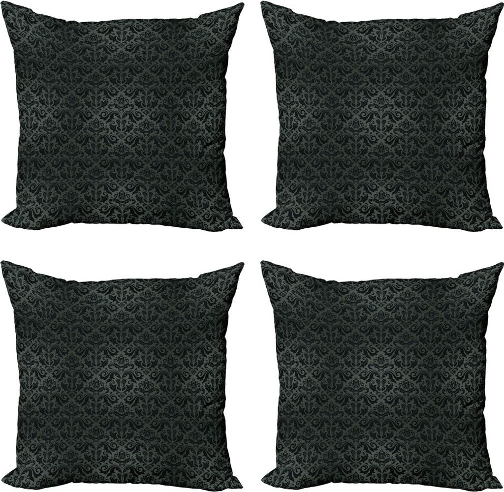 ABAKUHAUS Dunkelgrau Kissenbezug Set (4 Stück), Schwarze Damast-Blumen, Moderner Doppelseitiger Digitaldruck, 40 cm x 40 cm, Schwarzgrau