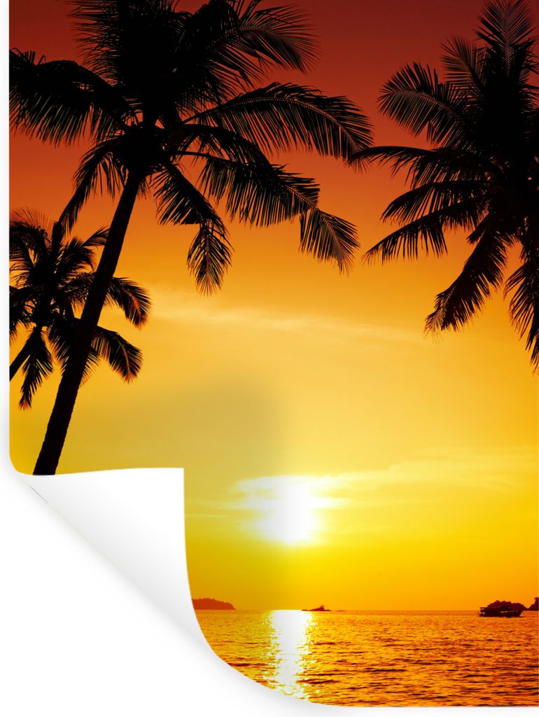 MuchoWow Wandtattoo Wandsticker Wandaufkleber Palme - Sonnenuntergang - Strand - Orange - Tropisch 90x120 cm Selbstklebend und Repositionierbar -...